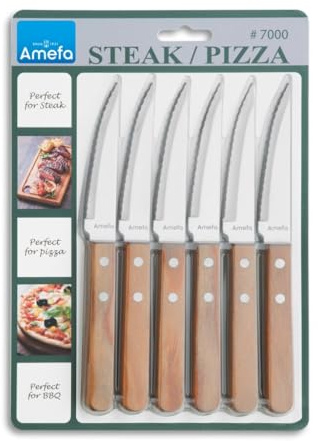 Amefa Steakmesser Set 6-Teilig, Besteck Set 6 Personen für Steak und Pizza | Pizzamesser Besteckset 6 Personen, Fleischmesser Edelstahl mit Sägeschliff, Rostfrei, Steakbesteck, Holzgriff