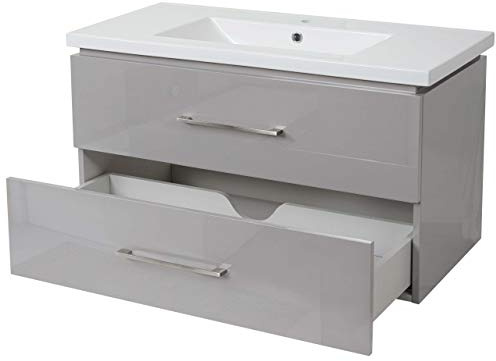 Mendler Premium Waschbecken + Unterschrank HWC-D16 Hochglanz 90cm - grau | Waschtisch