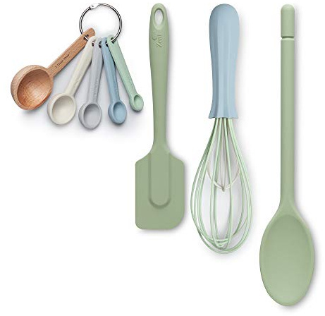 Zeal JSET41G Non-Stick Silicone Spatula, Whisk, Traditional Spoon & Measuring Spoons 4-Piece Baking Set-Sage Green