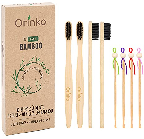 ORINKO - Lote de 4 Limpiadores de Oídos Japoneses + 4 Cepillos de Dientes de Bambú - Pack Cero Residuos