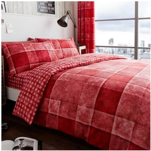 GC GAVENO CAVAILIA Tartan Check Quilt Cover King Size Duvet Cover Sets, Plaid Denim Checkered Reversible Beddings With Pillowcases, Red