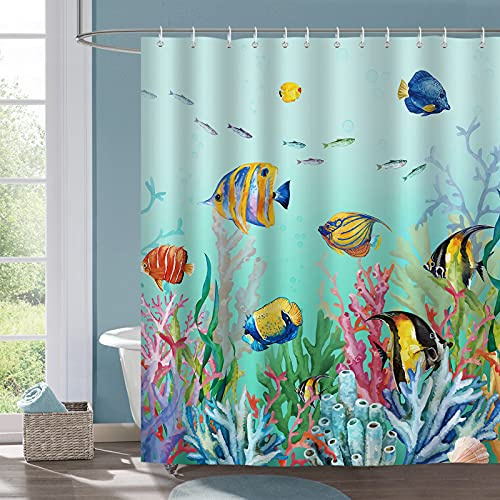 Bonhause Duschvorhang Fische Koralle Unterwasser Ozean Blau Duschvorhänge 180 x 180 cm Anti-Schimmel Wasserdicht Polyester Stoff Waschbar Bad Vorhäng für Badzimmer mit 12 Haken