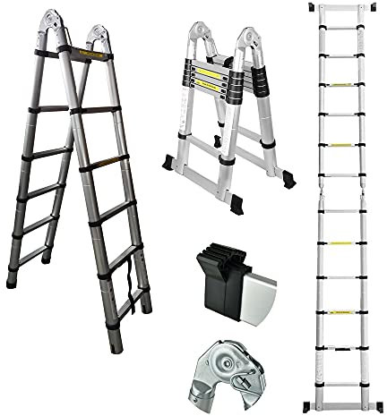 1,9m+1,9m Alu-Multifunktionsleiter, Schiebeleiter 12 Sprossen belastbar bis 150 kg, Sicherheitsgelenke und Rastgriffe, Rutschfestes Fußpolster, Silber