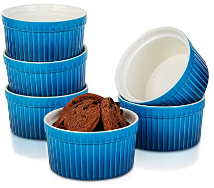 120ml Moldes para soufflé, Candiicap Juego de 6 Moldes de Porcelana para Hornear, Pudín, Creme Brûlée, Tazas de Flan, Salsa para Servir (120ml, Azul Marino)