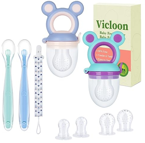 Vicloon Fruchtsauger Set Baby mit 6 Silikon-Sauger in 3 Größen,BPA-frei - Kleinkind Fruchtsauger Schnuller Beißring Obstsauger für Obst Gemüse Brei Beikost