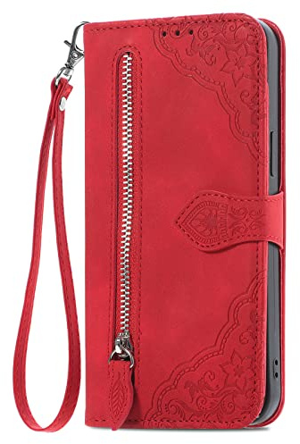 BLOTECH Embossed Folio Flip for Phone Blackview A95 Case Wallet PU Leather Case Cellphone Shell Kickstand with ID Credit 7 Card Slots Skin Cases Covers and Lanyard Strap Zip Coin Purse Cover,Red