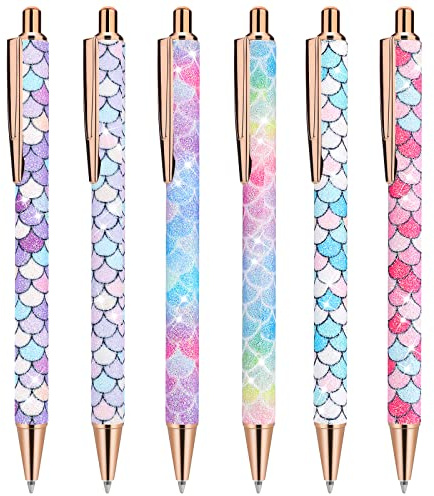 cobee Metallpennor med bling, 6 stycken infällbara kulspetspennor, 1,0 mm, svart bläck, kulspetspennor i metall med glitter, kulspetspennor för män, kvinnor, skola, kontor, hem, ritning (fiskmönster)