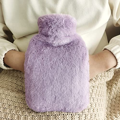 Varmflaska med fluffigt överdrag – gosig mjuk värmeflaska med handvärmare, sängflaska för kvinnor män barn varmflaska med överdrag för smärtlindring, violett, 1 l