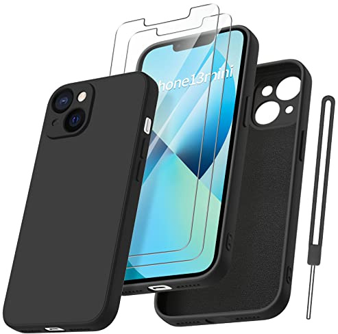 Qasyfanc HandyHülle für iPhone 13 mini Hülle Silikon case mit 2 Stück Panzerfolie, Ultra Microfiber TPU Flüssig silikon mit Kameraschutz Kratzfeste Rundumschutz Schutzhülle 5.4'' (Schwarz)