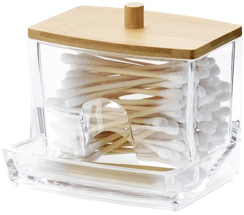 Navaris Wattestäbchen Behälter - Wattestäbchen Spender - Ohrenstäbchen Aufbewahrung mit Bambus Deckel - Ohrstäbchen Organizer - transparent