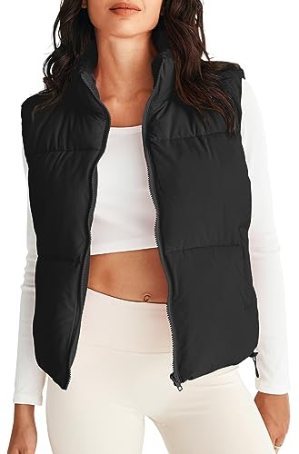 MEROKEETY Puffer Vest Women 2025 Fall Winter Sleeveless Jackets Lightweight Warm Stand Collar Quilted Zip Up Coat, Black, Medium