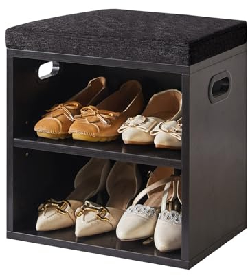 YMYNY Schuh Aufbewahrungsbank mit Sitzkissen, 2-Tier Schuh Rack mit gepolstertem Sitz, justierbarer Schuh Organizer Schrank für Eingang, Wohnzimmer, Flur, Schrank, 42H*39L*28Wcm, Schwarz, HBD028B