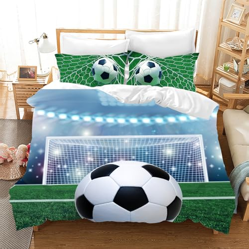 Leleyouzer 3D Fussball Bettwäsche 135×200 cm,Fußball Bettwäsche Set für Jungen Kinder,Weiche Mikrofaser Bettwäsche 3-teiliges Set mit 2 Kopfkissenbezügen 50 x 75 cm (Fussball 3)