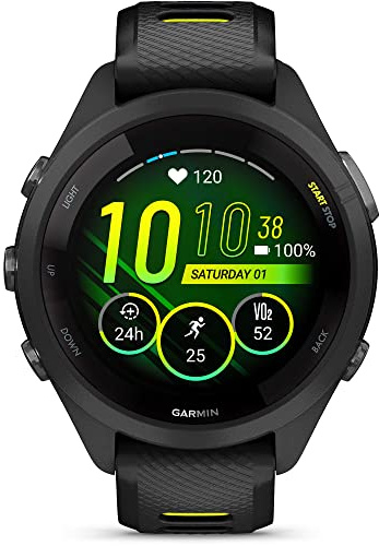 Garmin Forerunner 265S Running Smartwatch, Colorful AMOLED Display, Training Metrics and Recovery Insights, Black and Amp Yellow, 42 mm (Renewed)