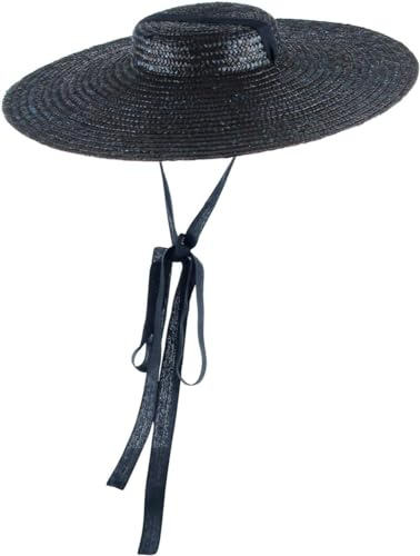 CROKZ Damen Damen Vintage Strohhut, Flache Oberseite, breite Krempe, Floppy-Derby-Strohhut, Strand-Sonnenhüte mit Kinnriemen, Marineblau/716