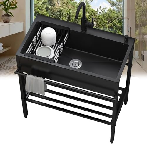 Lavello da Cucina 1 Vasca in Acciaio Inox,Lavandino da Esterno Professionale,60x45x86cm Lavabo Commerciale Autoportante con Rubinetto,Lavatoio Nero Multifunzione,per Interno Ristorante Caffè Garage