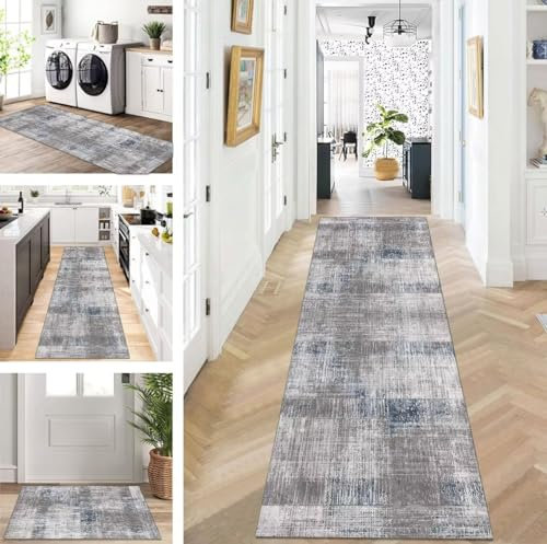 ZUZEKU Boho Läufer Flur Küche Waschbar rutschfest 60X180cm Vintage Grau Blau Lang Küchenteppich Flurteppich Teppich Fur Korridor Wohnzimmer Schlafzimmer Meterware Anpassbar