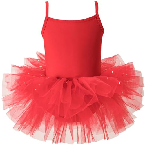 FEOYA Ballet Dress Tutu Dress Gymnastics Ballerina Leotard Sleeveless Spaghetti Strap Dancewear Costume with Sequins Skirt for Girls Children Age 6-8