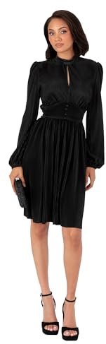 Lovedrobe Women's Mini Dress Ladies Long Balloon Sleeve High Neck Keyhole Detail Fit And Flare Plissé Cocktail Evening Occasion Vestito, Nero, 50 Donna