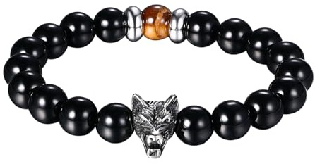 OIDEA Herren Armband Wolfskopf Elastisch: Wikinger Wolf Kopf Kugel Armkette Kugelkette aus Achat Schwarz Viking Schmuck Geschenk für Männer Freund Bruder Vater