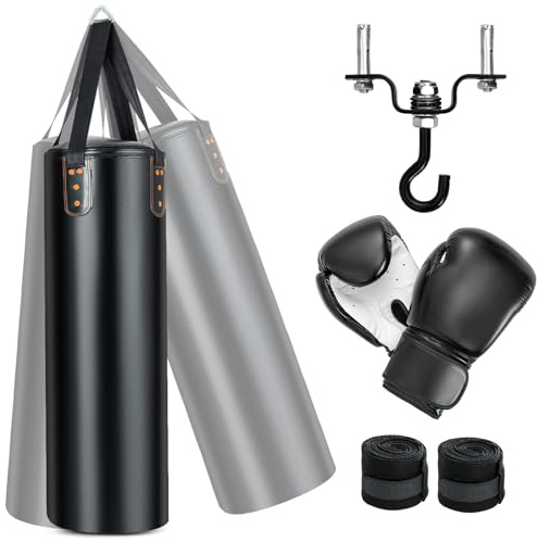 KOMFOTTEU Set Sacco da Boxe Non Riempito 110 cm, da Muro Con Guantoni, Bende, Gancio a Soffitto, Appeso 18 kg, 12 OZ, Allenamento Arti Marziali, Kick Boxing, Fitness