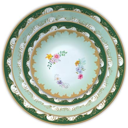 YLGTYUIK Dessertteller, grün-goldumrandeter Essteller aus Knochenporzellan mit Blumenmuster, hochauflösender runder westlicher Brotteller, 4-teiliges Set, Tafelgeschirr