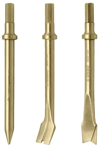 WEDO Lot de 3 burins à air anti-étincelles, largeur de la pointe 20 mm, longueur 175 mm, tige hexagonale de 10 mm, bronze aluminium, variété de forets pneumatiques pour de multiples applications,