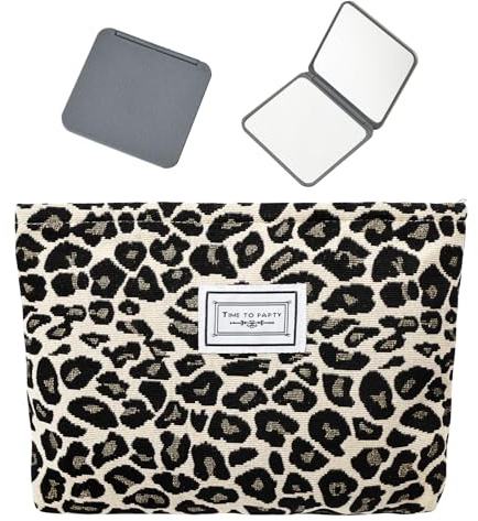 Kosmetiktasche Leo Damen Cord Make Up Tasche mit Reißverschluss Spiegel | Klein Schminktasche Makeup Bag Kulturbeutel Kulturtasche Kosmetikbeutel Schminktäschchen Schminkbeutel für Damen Reise