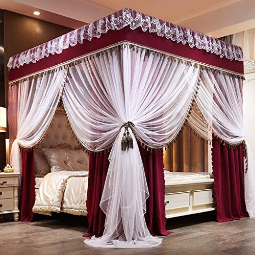 Prinzessinnen-Betthimmel mit 4 Eckpfosten und süßem Moskitonetz für Mädchenbetten, Erwachsenenschlafzimmer, Kinderzimmer; Vorhangnetz für Einzel-/Doppel-/Queensize-/Kingsize-Betten (einfarbig, Weinr