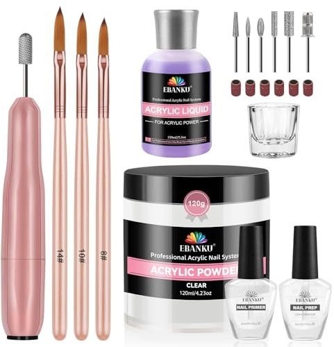 EBANKU Acrylic Nail Kit with Drill, Professional 120g Clear Acrylic Nail Powder with Primer Dehydrator for Acrylic Extension, Nail Carving, Long-Lasting, No Nail Lamp Needed (Clear-120G Kit)