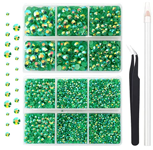 10000 unidades de diamantes de imitación de resina AB verde profundo de 2 a 6 mm, diamantes de imitación redondos de resina no termoadhesivos con pinzas y bolígrafo recogedor para vasos, arte de uñas