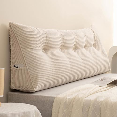 Großes Keilkissen aus Cord, Twin, Queen, King, Kopfteilkissen, dreieckiges gepolstertes Lesekissen, Rückenkissen für Bett/Sofa, waschbares Lendenwirbelstützkissen, Nackenrolle(80x50x20cm,Beige)