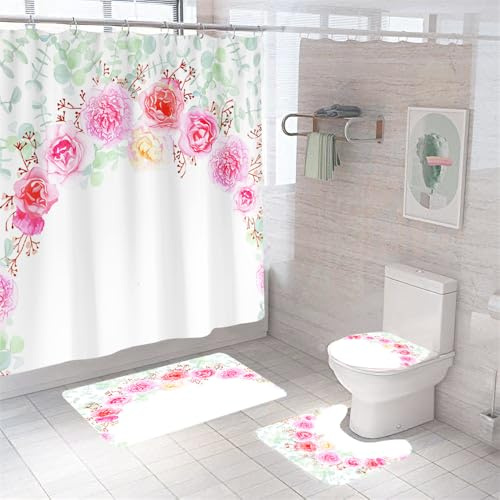 Badezimmerteppich Weiße Rosa Blumen Badteppich rutschfest Waschbar Badgarnitur 3 Teilig – Badematte Set Mit Wc-Vorleger Und Badematte,Teppich Badezimmer Für Sicherheit Und Komfort Im Bad 50×80Cm