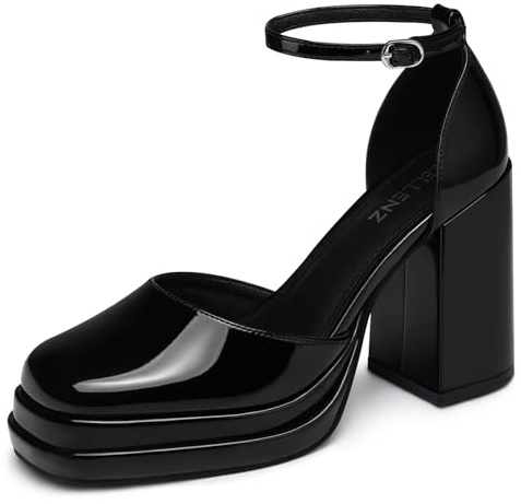 CELLENZ Women Chunky High Heels: Closed Toe Strappy Platform Heel - Black Patent Dress Party Fashion Shoes - Pumps Comfortable Graduation Dance Size 8
