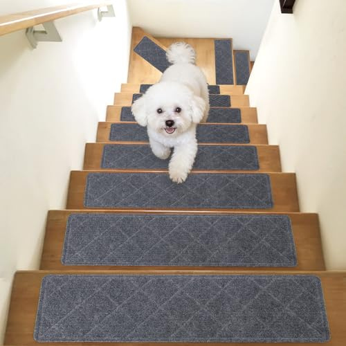 DEKEones Lot de 15 Marchette Escalier, 20 x 76 cm Moquette Escalier Marche avec Adhésif Réutilisable, Tapis D'escalier pour Marches en Bois(Gris)