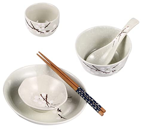Mobestech Japanese Style Ceramic Tableware for Household Dish Bowls Spoons and Chopsticks Practical Tableware for Single Dining