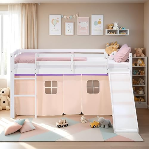 Homestyle4u Hochbett mit Rutsche 90x200 cm - Spielbett Weiß Mädchen Kiefer