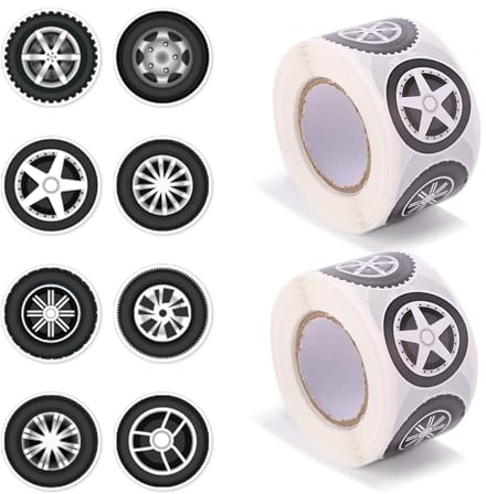 1000pcs/2 Rolls Racing Tire Stickers, 1.5in Cool Sport Race Car Wheel Stickers Tire Pattern Decal Party Favors for Laptops Water Bottles Helmets Skateboards Phone Cases Decor