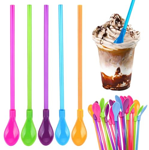 20 Pcs Slushie Straws, 2 in 1 Colored Straws with Cleaning Brush, Reusableplastic Straw Spoon, Milkshake Straw for Smoothies, Juice, Cocktail, LCE Cream, Hot Drink (5 Colors)
