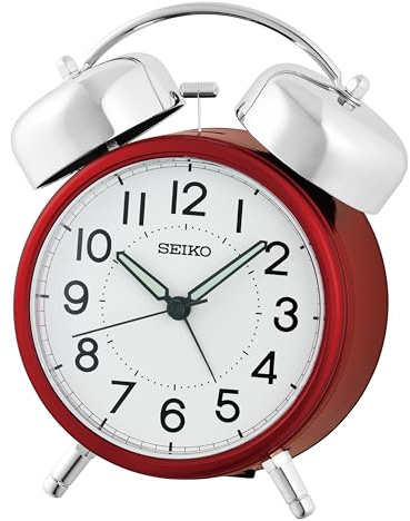 SEIKO QHK063RLH Retro Modern Bell Non Ticking Bedroom Alarm Clock, Red, 6 x 5 Inches