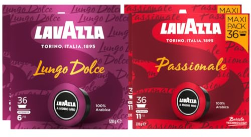 Lavazza - Assortiment de capsules de Café, A Modo Mio, Passionale et Lungo Dolce, Intensité 6 à 11, 100% Arabica, 144 capsules, AMM