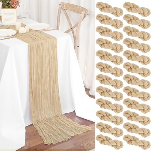 Teruntrue 24 Stück Tischläufer Beige 45x275 cm Boho Gaze Käsetuch Tischläufer für Hochzeit, Party, Babyfeier, Brautshower, Geburtstag-Dekorationen