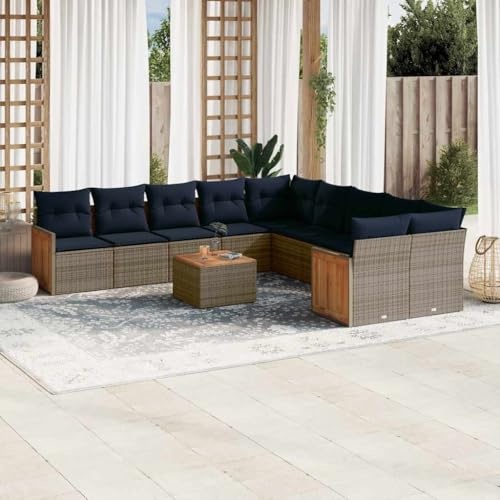Teenpull 11-delat set för trädgårdssoffa, polyrattan grå, med marinblå kudde, modulär utomhusmöbler, loungesoffa för terrass, balkong, trädgård