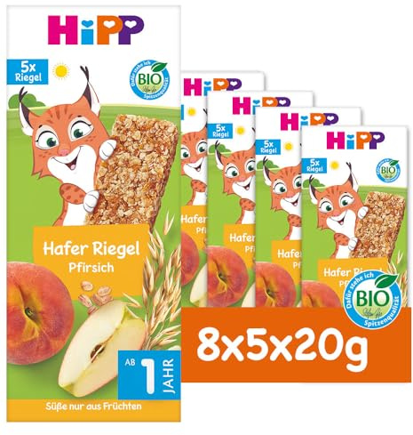HiPP Luchs Hafer Riegel Pfirsich 40 Stück (8er Pack mit je 5 x 20g), ab 1 Jahr, Süße nur aus Früchten, ideal für unterwegs & zwischendurch