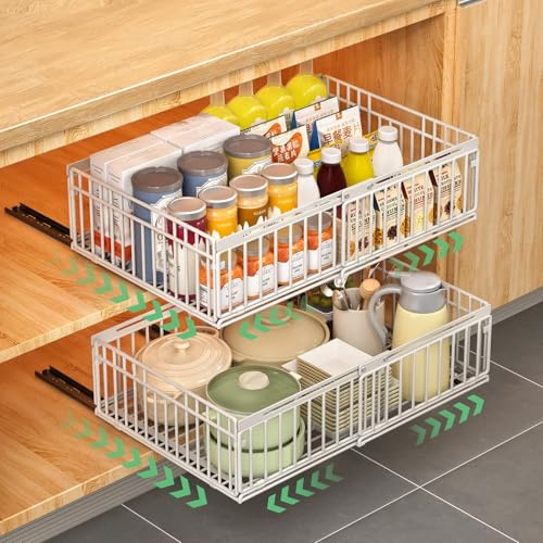 KUOGAS 2 Stück Teleskopschublade, Ausziehbare Schublade KüChe,KüChenschrank Organizer für KüChenschräNke, Schubladen Organizer,Kein Bohren und Nageln Erforderlich KüChenschublade (Weiß (2 Stück))