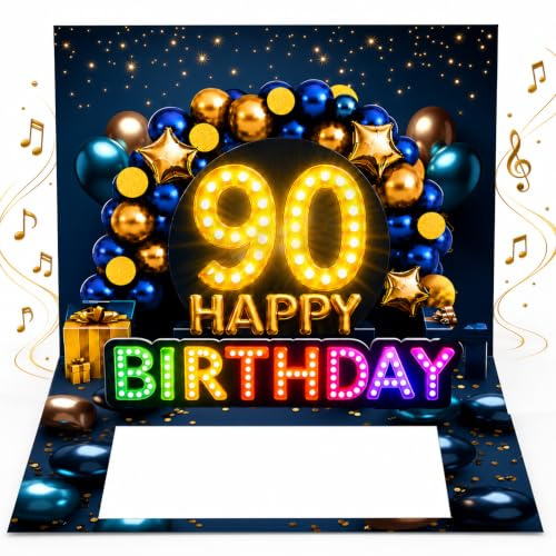 Joli Coon Geburtstagskarte 90 mit Musik und Licht, 20 × 15 cm | Pop-up-Mechanismus, Fächer für Geldscheine, Goldveredelung, passendes Kuvert, Siegelsticker, zum 90. Geburtstag