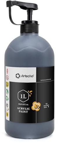 Artecho Acrylfarbe 1L(1000ml) Mars Schwarz, wasserfeste Künstlerfarbe | Ergiebige 1L Flasche: hochpigmentiert, deckend, lichtecht & schnell trocknend. Ideal für Leinwand, Holz, Stein, Stoff.