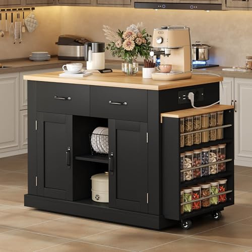 NADEUSAK Mobiler Kücheninsel Schwarz+Eiche 132-235x60x93cm, Küchenwagen mit ausziehbarem Esstisch, einziehbarem Bartisch, 7 Rädern, Aufbewahrungshregalen, Verstellbaren Regalen