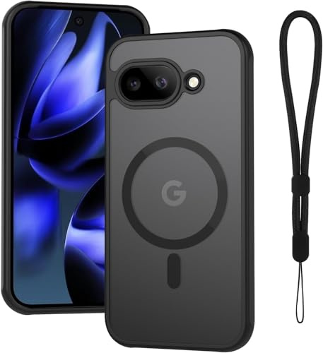 Case Magnetic for Google Pixel 9a con 1* Wrist Cell Phone Lanyard, Compatibile with MagSafe, Shockproof Cover Ultra Thin Translucent Opaque, Anti-Scratch |Anti-Fingerprint Black