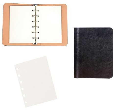 A7 Notizbuch Leder Schwarz, Ringbuch A7 Nachfüllbar 6 Ringe Binder, Kleines Notizbuch für Unterwegs, Mini Notizbuch mit Papier für Büro Schule Reise Tagebuch Planer Business Herren Damen, Elegant